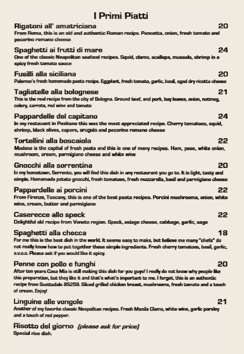 Casa Mia Entree Menu